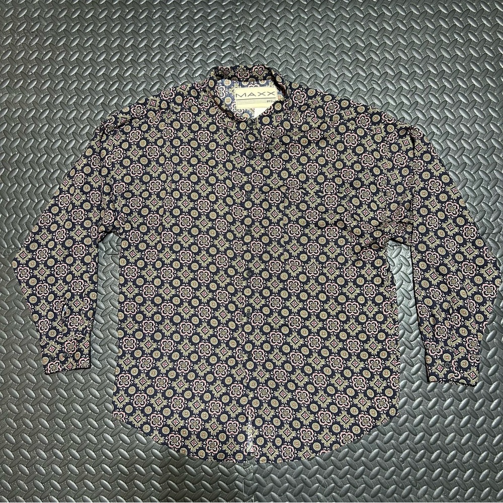 Vintage MAXX FM Shirt Mens Size Large Geometric Abstract Print Rayon Top 90s USA